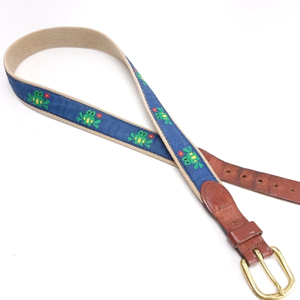 Leather Man Ltd. Tan Blue Frog Frogs Leather Canvas Belt Men's Size 36